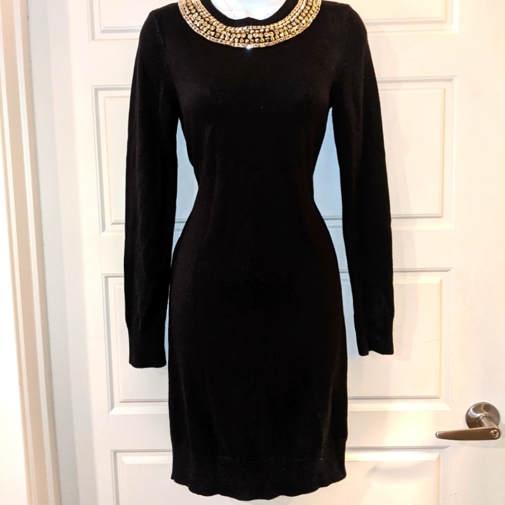 Michael Kors Sweater Dress Black Scoop Neck Beaded Neckline